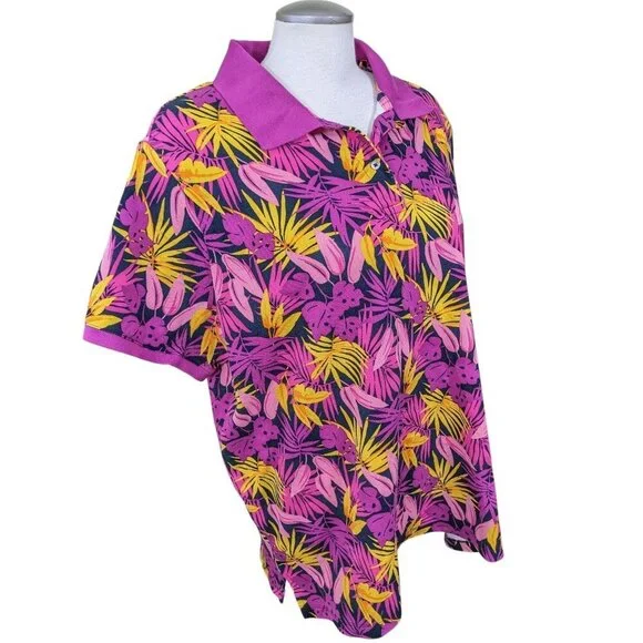 Lands End Womens Cotton Mesh Polo Shirt 2X Fuchsia Tropical Floral Short Sleeve - Picture 3 of 7